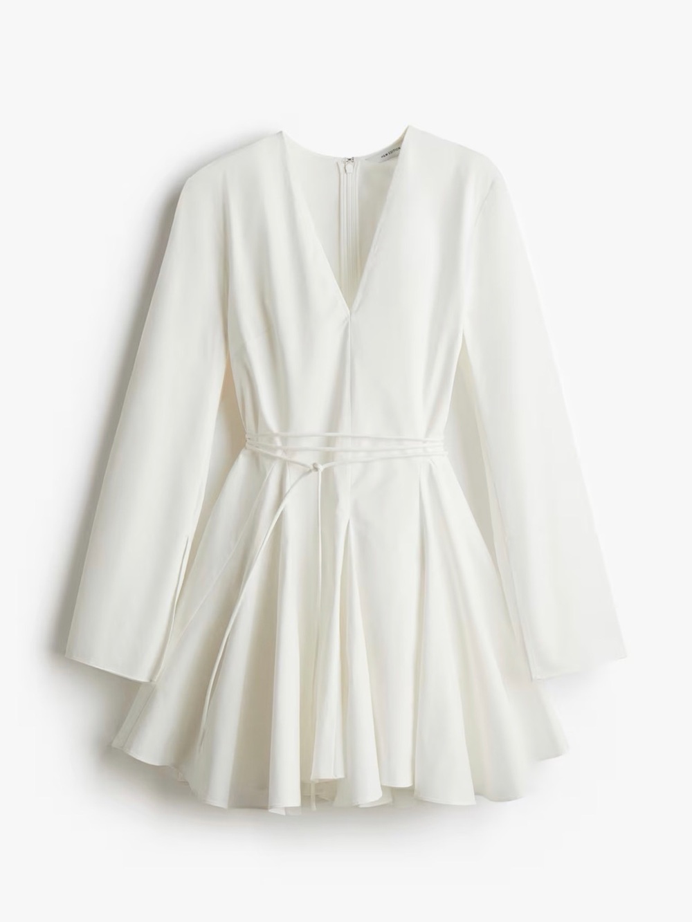 H&M White Long-Sleeve V-Neck Fit-and-Flare Dress M